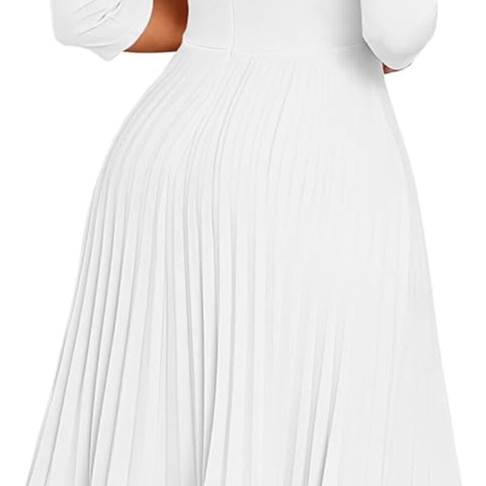 Midi Dresses for Women Casual Wrap Flared Pleated Dress A Line 3/4 Sleeve V Neck - Picture 4 of 6